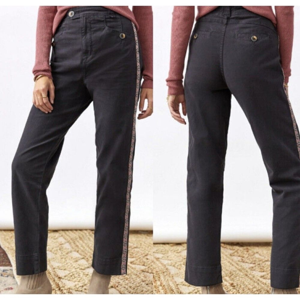 Anthropologie Black Embroidered Pants Aztec  12 High Waist Crop Taper‎ Leg